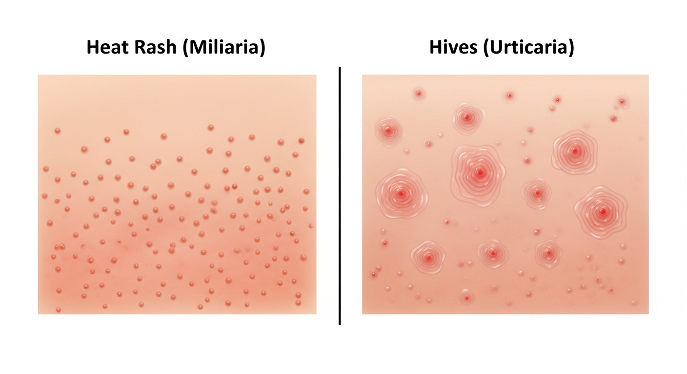 Heat Rash (Miliaria) — visual comparison with related rash types