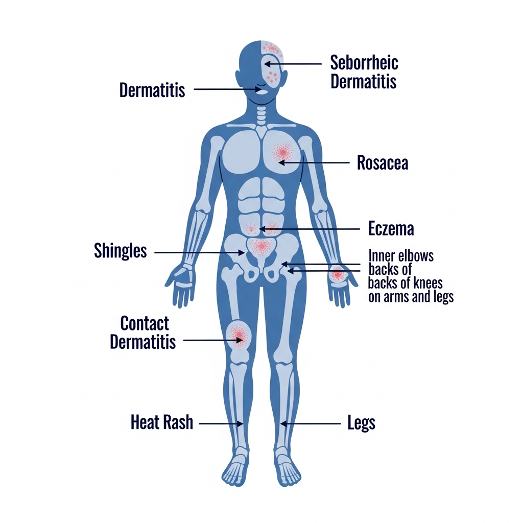 Body location diagram showing where different rash types appear on the face arms torso legs and groin