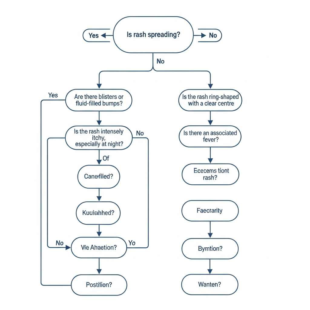 Rash diagnostic flowchart showing decision pathway from medical history through physical exam to laboratory tests and final diagnosis