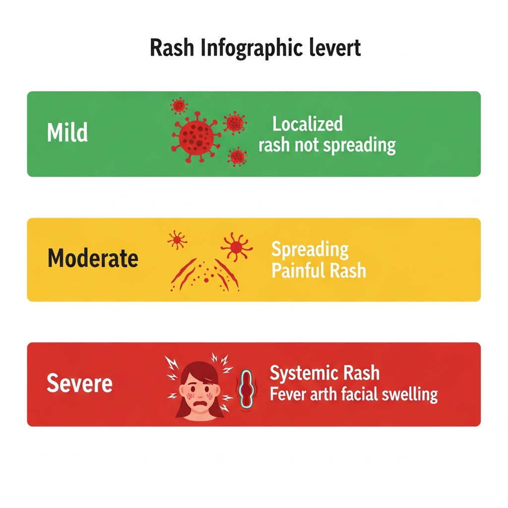 Rash symptom severity chart showing mild moderate and severe rash warning signs by symptom type