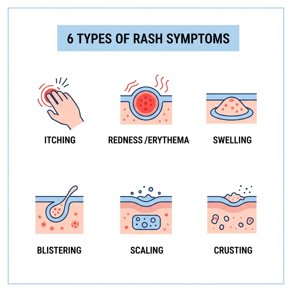 Diagram showing itching, swelling, redness, and blister rash symptoms