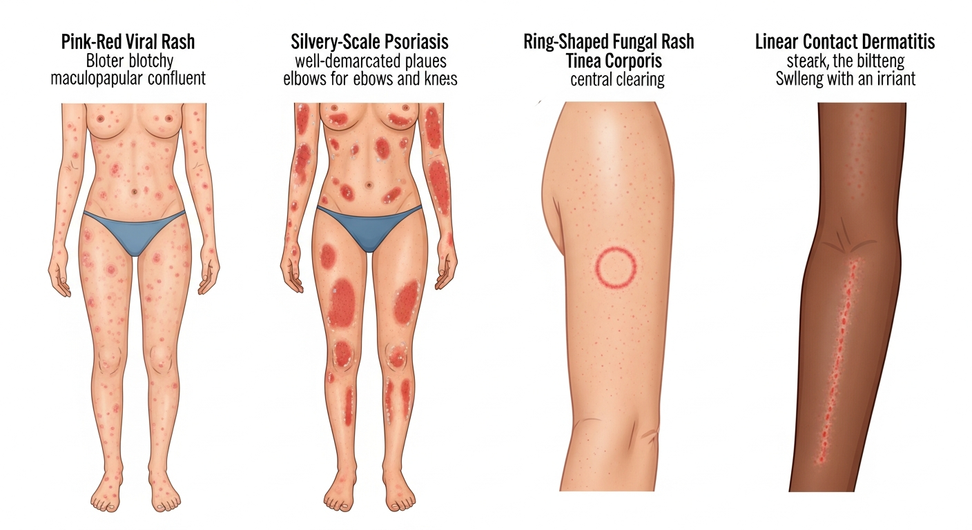 Rash Color and Pattern Differences — medical illustration