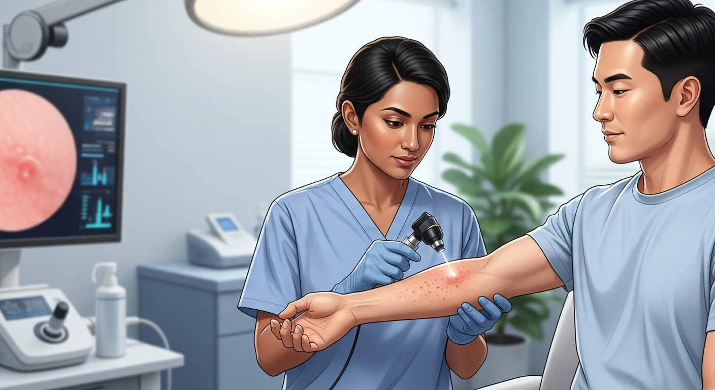 Dermatologist performing skin rash examination using dermoscope in clinical exam room