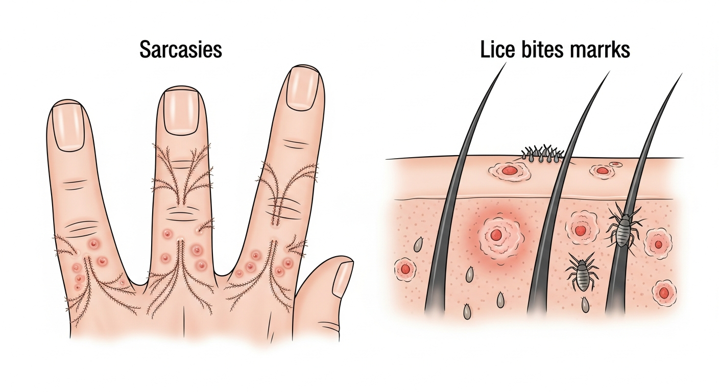 Parasitic rash pictures showing scabies burrow tracks and lice bites on skin