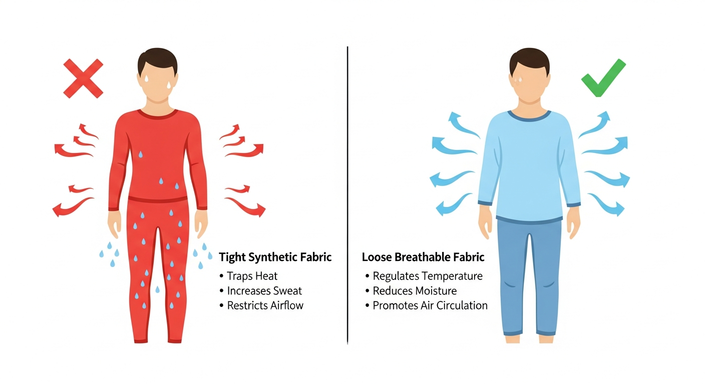 Breathable fabric diagram comparing natural versus synthetic clothing materials for rash prevention