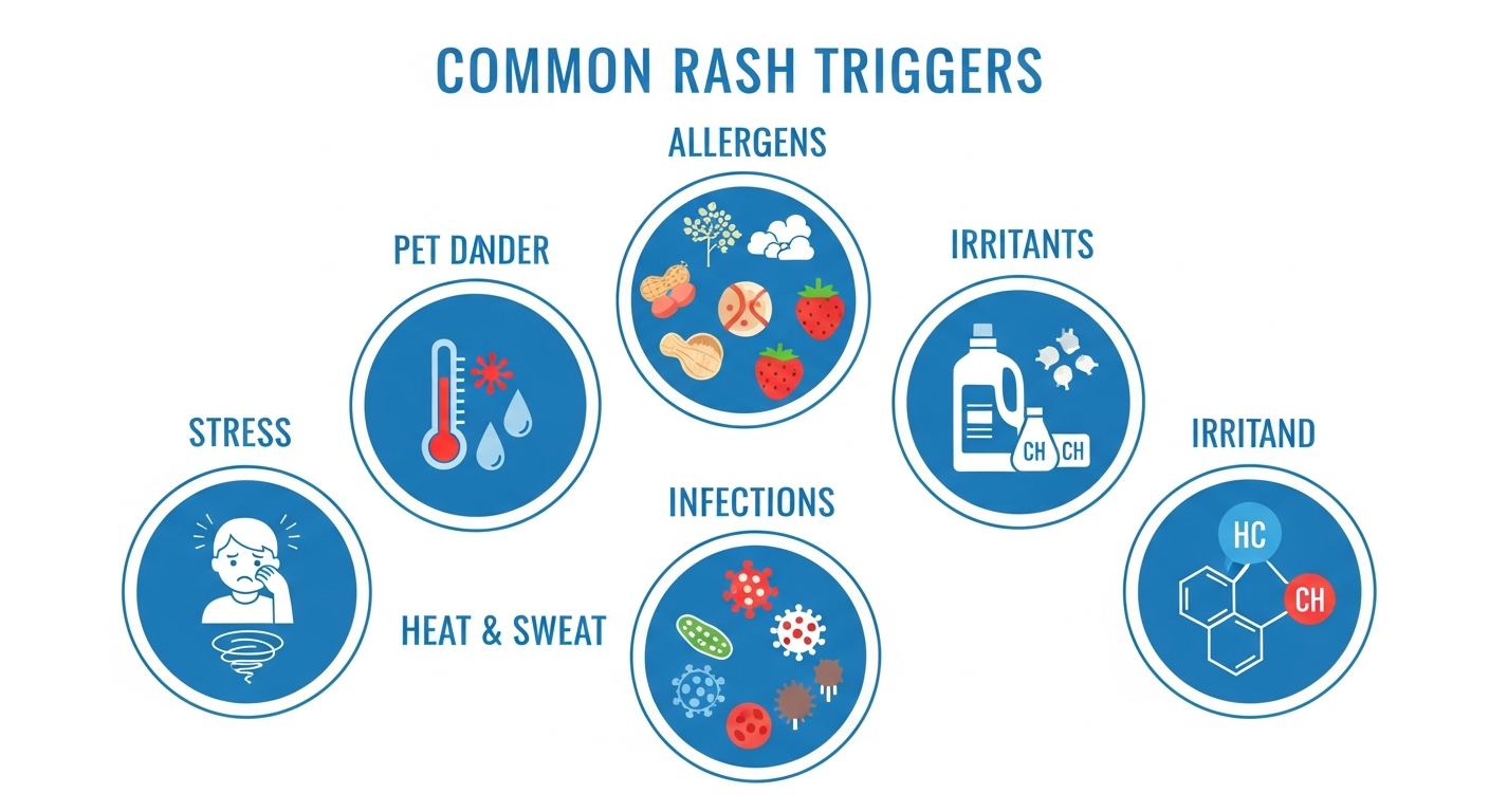 Rash trigger infographic showing common allergens heat stress infection and chemical irritants that cause skin rashes