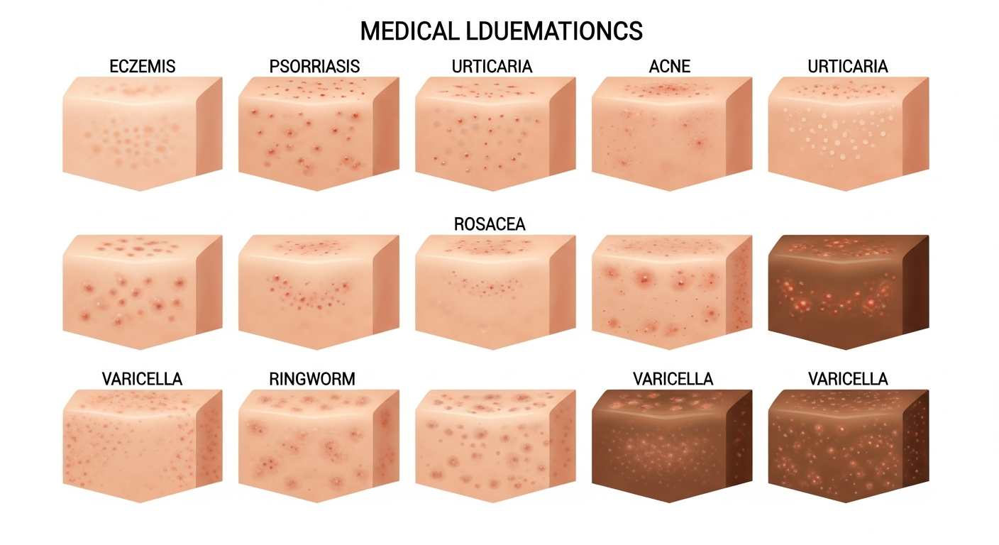 Different types of skin rashes comparison chart on human skin