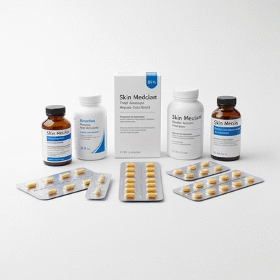 Assortment of medication bottles and blister packs for skin conditions on a clean background