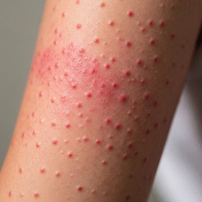 Close-up of skin with a viral rash, showing small red spots and slight inflammation