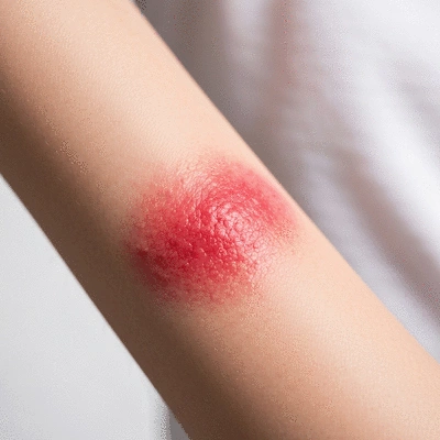 Close-up of a red, inflamed patch of skin, typical of eczema