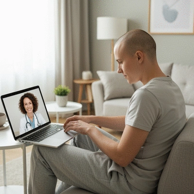 Person using a laptop for a telemedicine consultation about a rash, with a doctor on screen