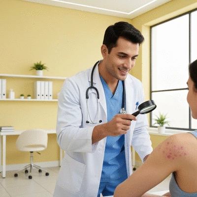 Close-up of a doctor examining a patient's skin rash with a magnifying glass