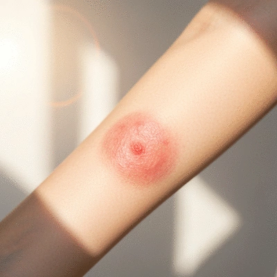 Close-up of a person's arm with a visible ringworm rash, showing the characteristic circular, red, and itchy appearance on light skin, with a blurred background to emphasize the rash, no text, no words, no typography, 8K, natural lighting