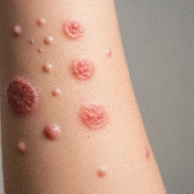 Close-up of a person's arm with several different types of bug bites and rashes, showing varying degrees of redness and swelling