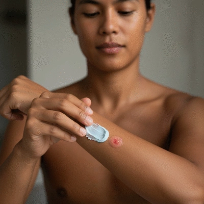 A person applying a soothing cream to a mild skin rash, representing home remedies and care, with a soft, natural feel, no text, no words, no typography, clean image