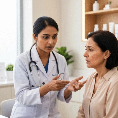 Dermatologist consulting with a patient about skin health, professional setting
