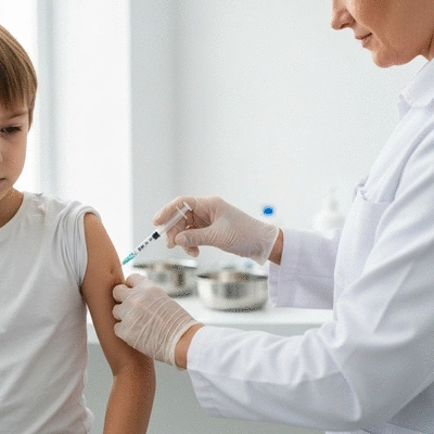 Close-up of a child's arm receiving a vaccination from a healthcare professional