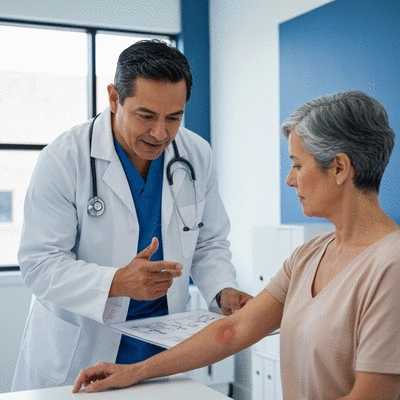 Healthcare professional consulting with a patient about skin rash, in a clean, modern clinic setting