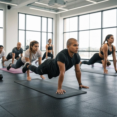 A diverse group of people exercising in a clean, modern gym setting, emphasizing healthy lifestyle choices and strong immune systems, bright lighting, no text, no words, no typography, 8K