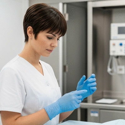 Healthcare worker wearing protective gloves in a clean medical setting, emphasizing occupational safety for skin health