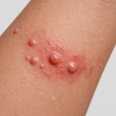 Close-up of skin with common infectious rash symptoms, like red sores or blisters