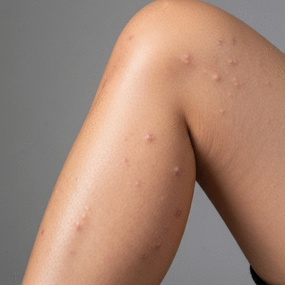 Person's leg with signs of lymphedema and skin texture changes, indicating cellulitis complications