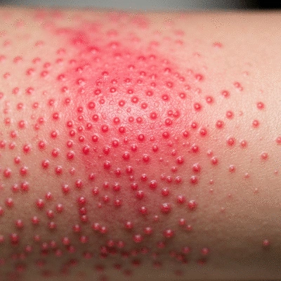 Close-up of skin with a viral rash, showing small red bumps and inflammation, with a blurred background. No text, no words, no typography, no labels, clean image.