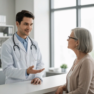 Doctor explaining vaccination benefits to an older adult, clean clinic setting