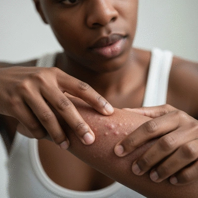 Person examining a skin rash on their arm, clear focus on the skin condition