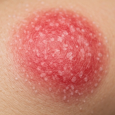 Close-up of skin with a fungal rash, showing scaling, redness, and a distinct circular shape, with a blurred background. No text, no words, no typography, no labels, clean image.