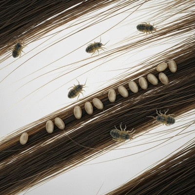 Magnified view of human hair with head lice and nits, showcasing the infestation process clearly