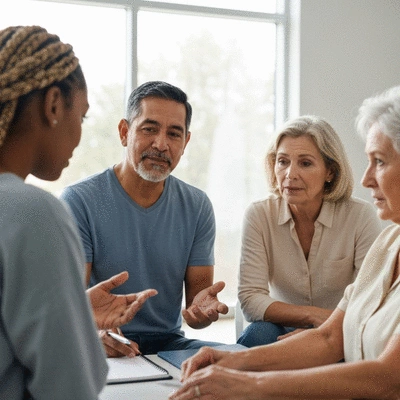 Diverse group of people in a support group setting, representing community and shared experience