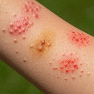 Close-up of skin with various summer rashes like heat rash, poison ivy, and swimmer's itch, showing distinct symptoms on a light-skinned arm.