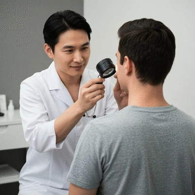 Dermatologist examining a patient's skin for chronic rash