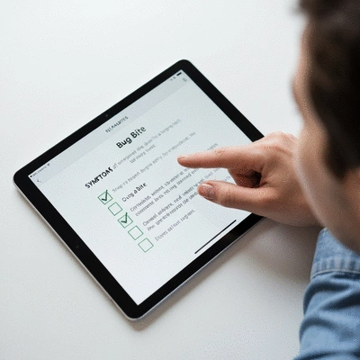 Person's hand pointing to a checklist on a tablet, indicating a self-assessment for bug bite symptoms