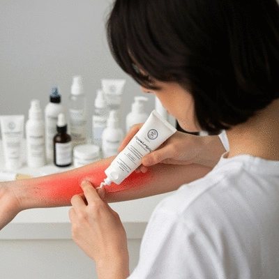 Person applying hypoallergenic lotion to irritated skin on their arm, with a blurred background of various skincare products